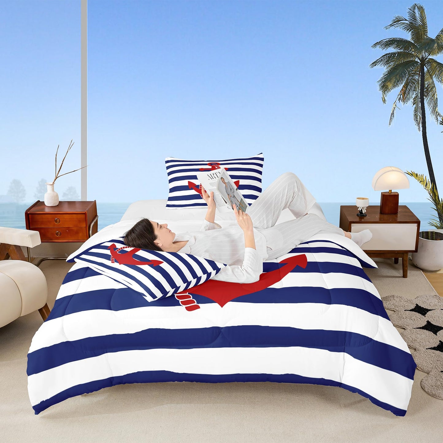 Geometric Stripes Comforter Set Twin Size,Nautical Anchor Bedding Sets 2Pcs Kids Boys Bedroom Decor 1 Pillowcase Ocean Adventure Theme Quilted Duvet Modern Navy Blue Red Bedspread Comforter