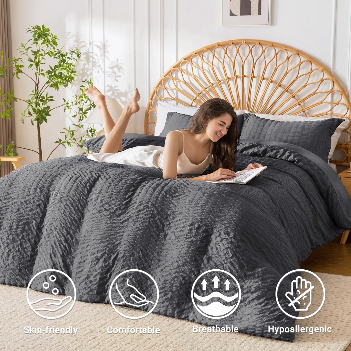 HYMOKEGE Dark Grey Duvet Cover Queen Size, Ultra Soft 3-Piece Seersucker Duvet Cover Set with Zipper Closure, Soft Brushed Microfiber Bedding Set with 8 Corner Ties (90"x90", 2 Pillowshams)