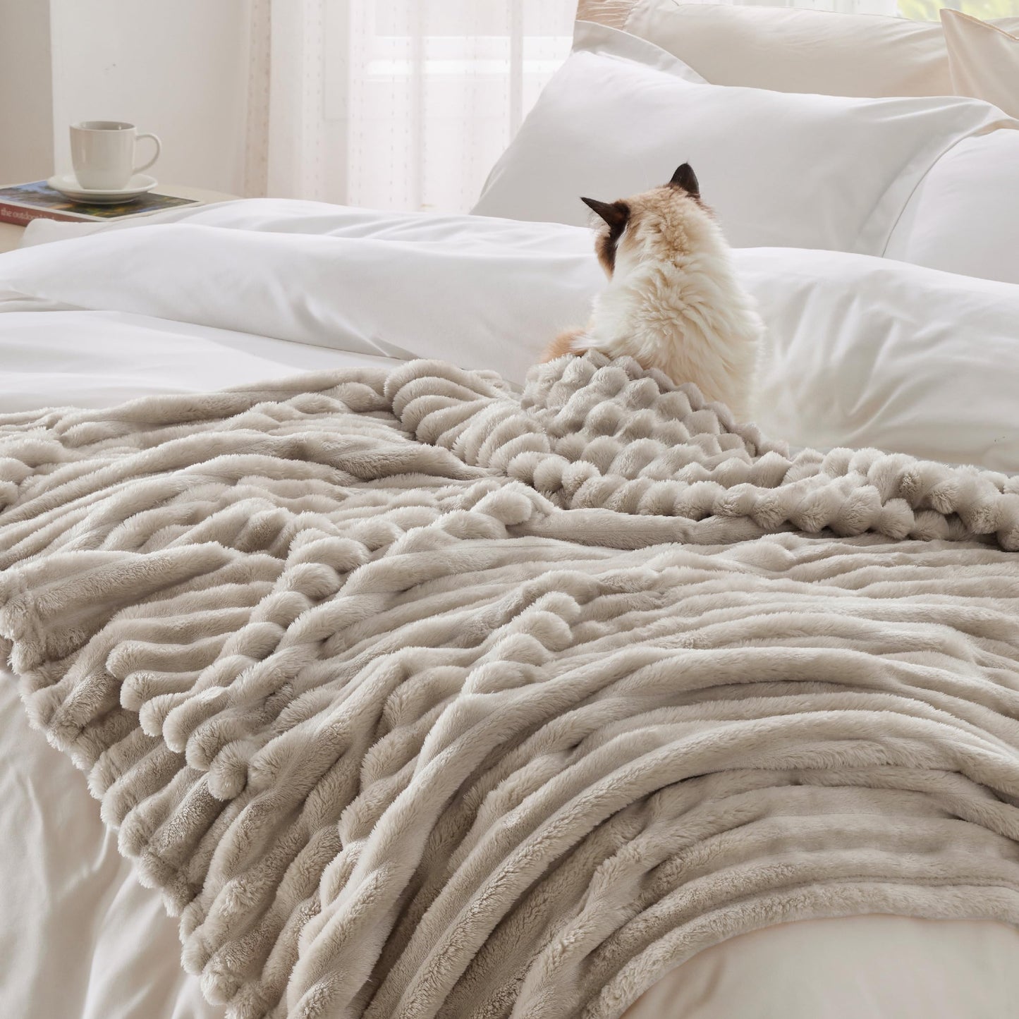 Bedsure Fleece Blanket Throw Size (Beige & Sage Green)