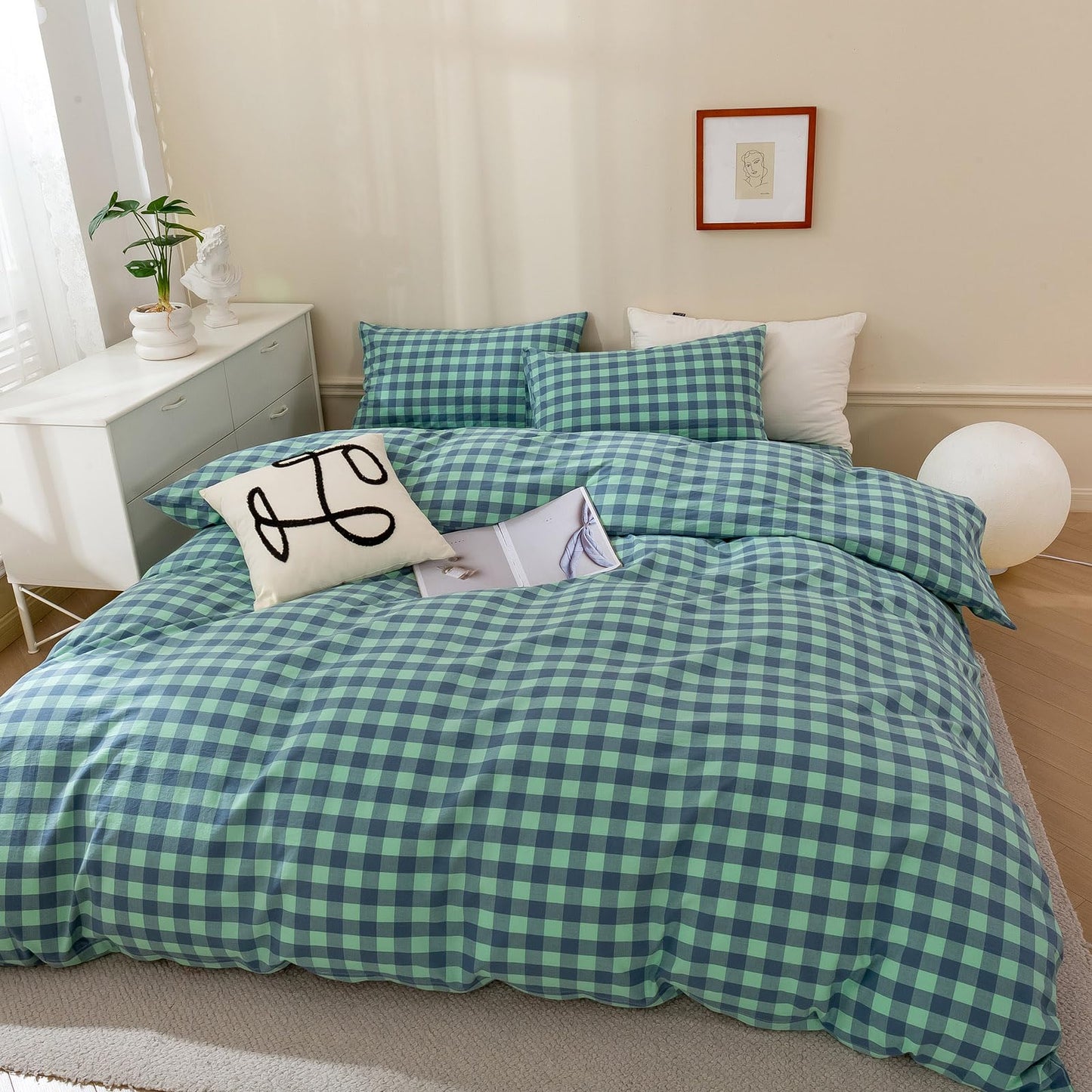 VM VOUGEMARKET Green Plaid Bedding Set Queen 3 Pieces Denim Blue Checkered Duvet Cover with Zipper Ties 2 Pillowcases 100% Washed Cotton Luxury Soft Breathable Durable