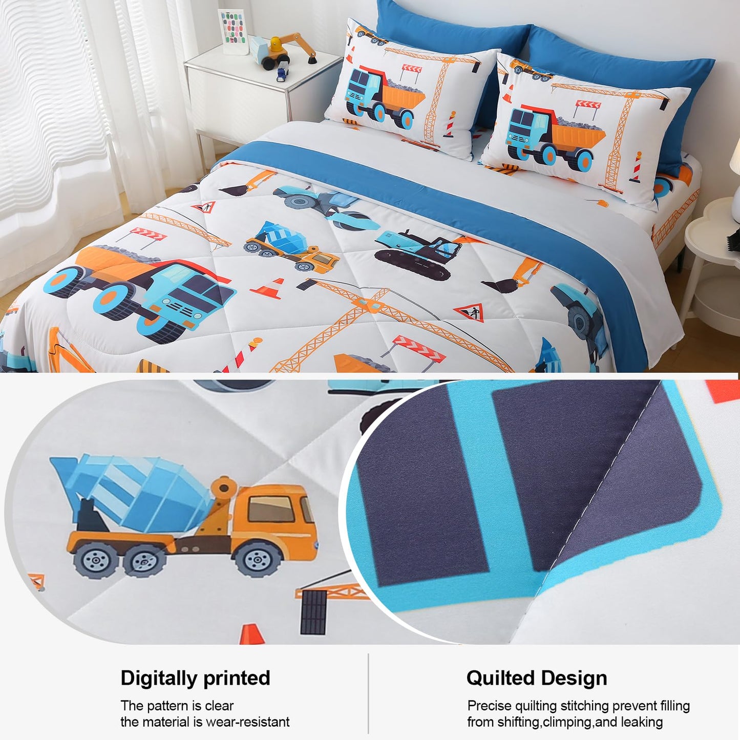 Jameswish 7 Pieces Boys Comforter Set Full Size Excavator Bedding Set Cartoon Car Kids Bed in a Bag Construction Truck Bedding for Children Kids Boys Teens for Birthday Choice