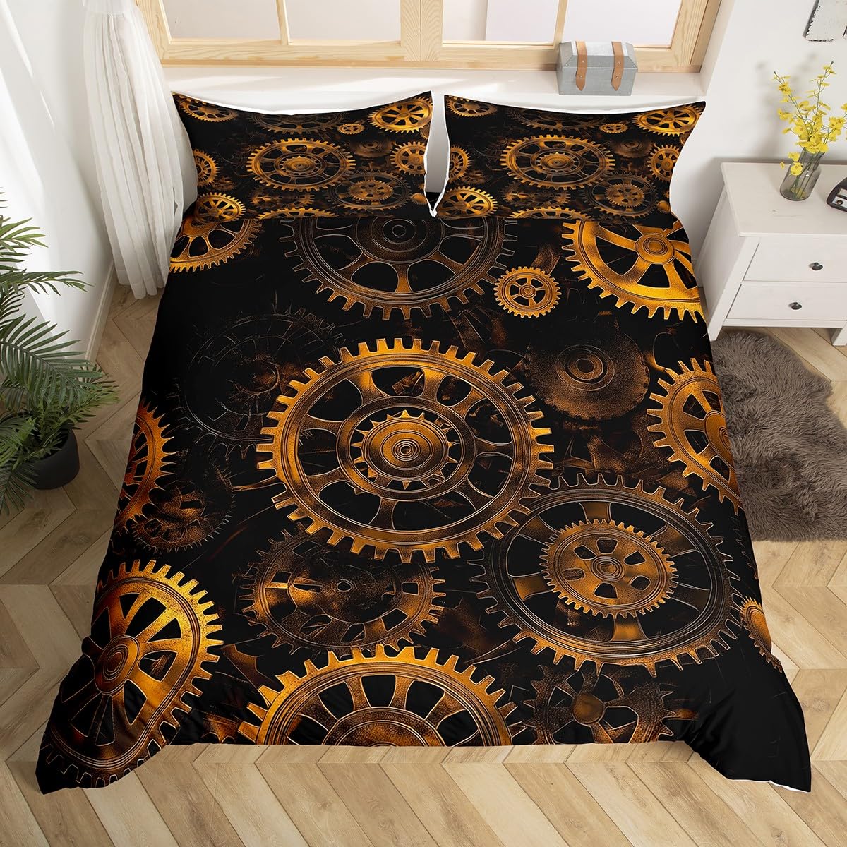 Erosebridal Golden Ndustrial Gear Bedding Set Full Size Steampunk Style Duvet Cover Clocks Theme Comforter Cover for Boys Men Mechanical Device Bedspread Cover, Black