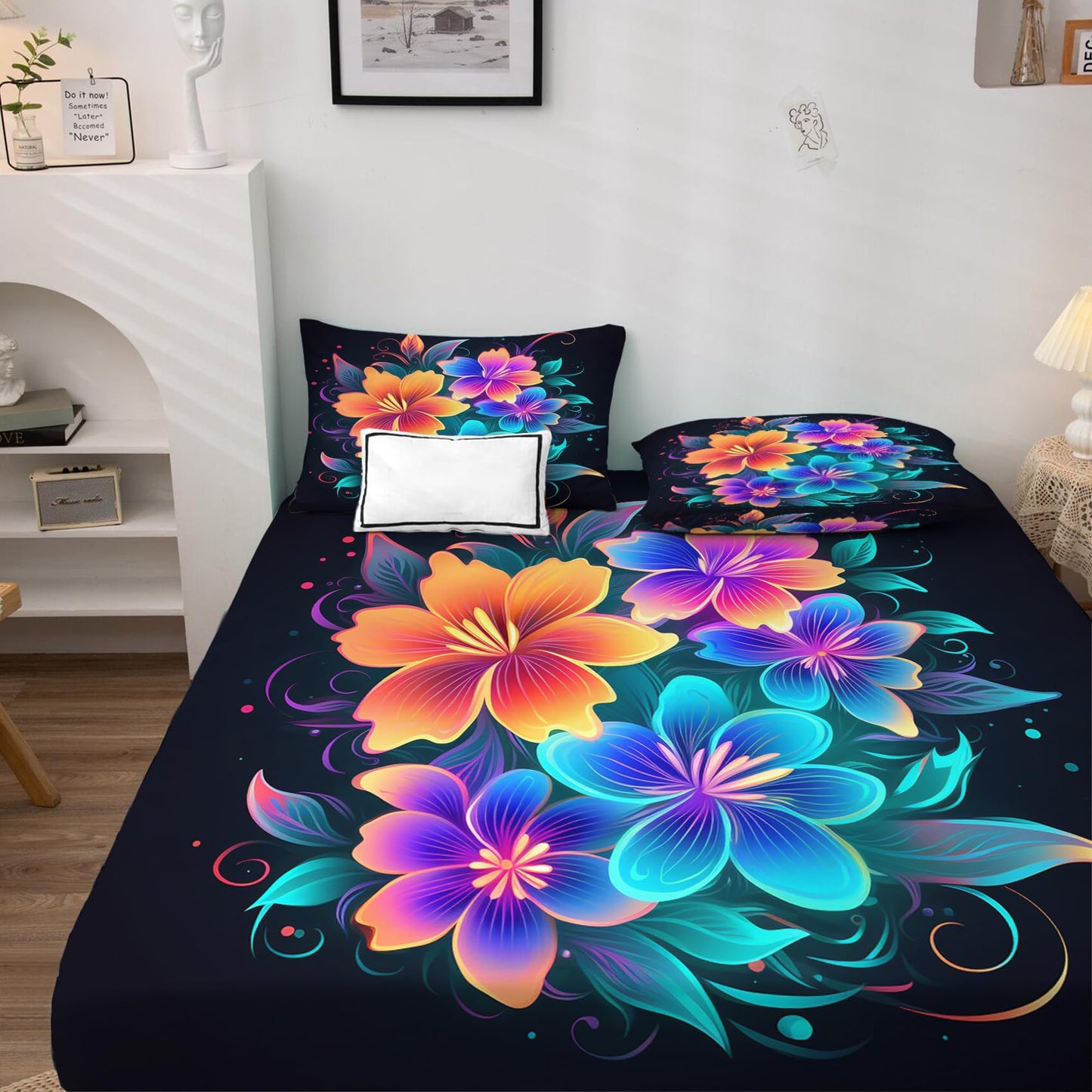 zcsm Floral Sheets King Size - Colorful Ombre Flower Bed Sheets, Soft Microfiber & Deep Pocket & Wrinkle Free Patterned Bedding Sheets & Pillowcases, 1 Fitted Sheet, 1 Flat Sheet, 2 Pillow Cases
