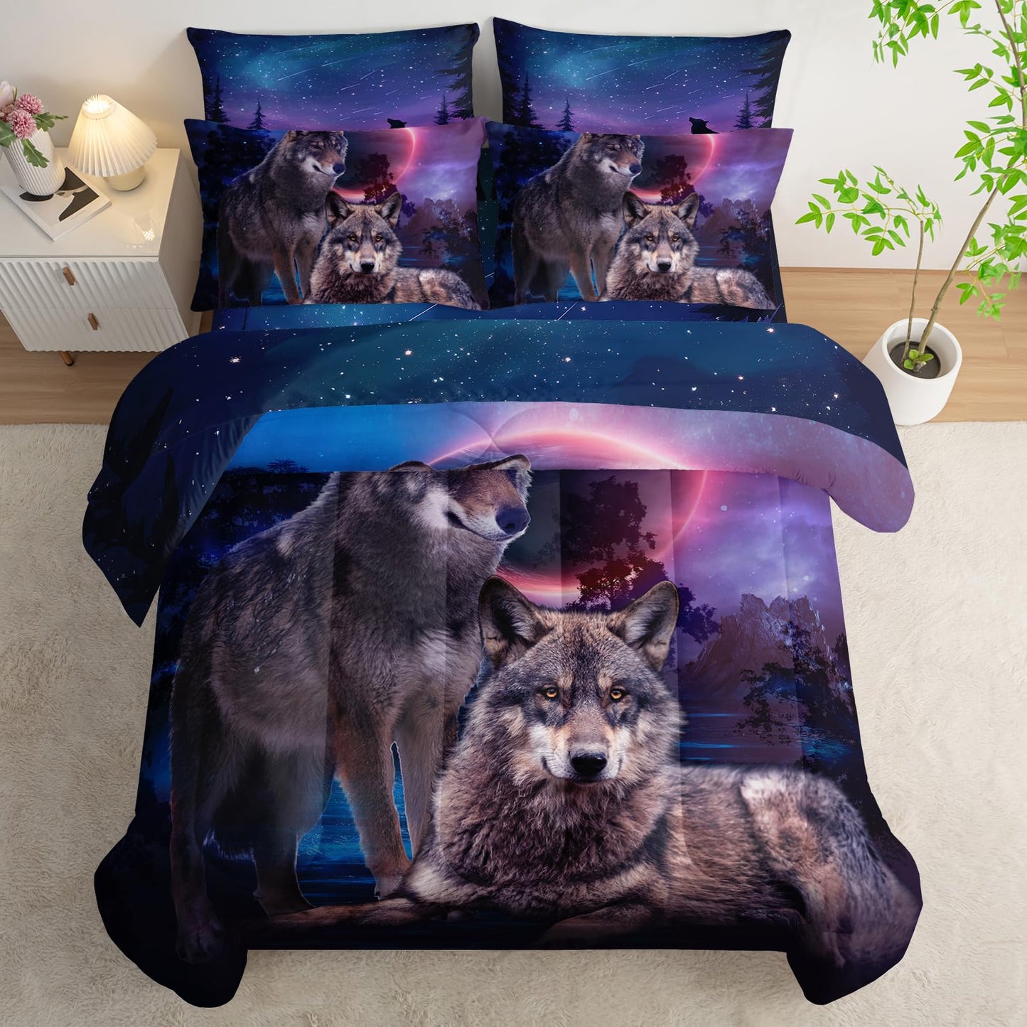 AILONEN Safari Wolf Comforter Set Twin Size,7-Piece Kids Girls Soft Bed in a Bag,Wolves Couples Comforter & Fitted Sheet & Flat Sheet & 2 Pillowcases,2 Pillow Shams for Bedroom