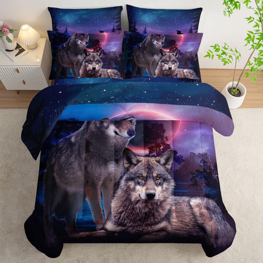 AILONEN Safari Wolf Comforter Set Twin Size,7-Piece Kids Girls Soft Bed in a Bag,Wolves Couples Comforter & Fitted Sheet & Flat Sheet & 2 Pillowcases,2 Pillow Shams for Bedroom