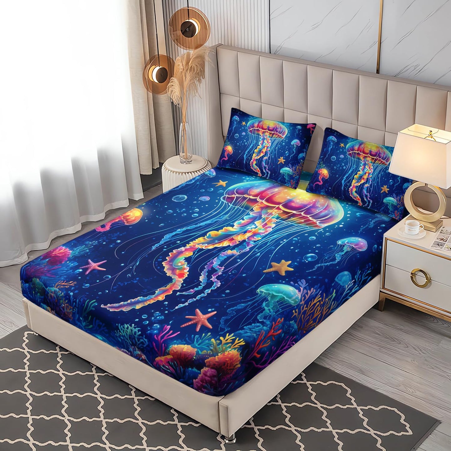 UEVBF Fantasy Jellyfish Fitted Sheet Twin Bedding Sets for Girls Kids Toddlers,Coral Starfish Ocean Theme Bedroom Decor,Blue Underwater World Bedding Sets,1 Fitted Sheet + 2 Pillowcases.