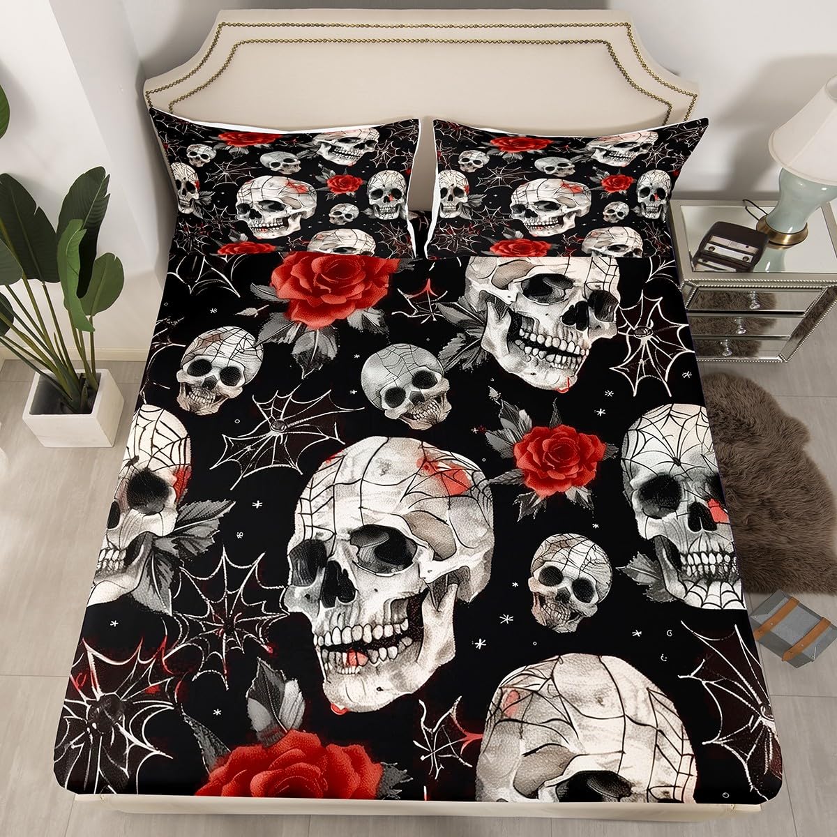 jejeloiu Halloween Decor Bed Sheets Set Twin Size Spider Web Deep Pocket Fitted Sheet Gothic Skull Bedding Sets Rose Blossoms Print Soft Bed Set 3Pcs with 1 Pillow Cases