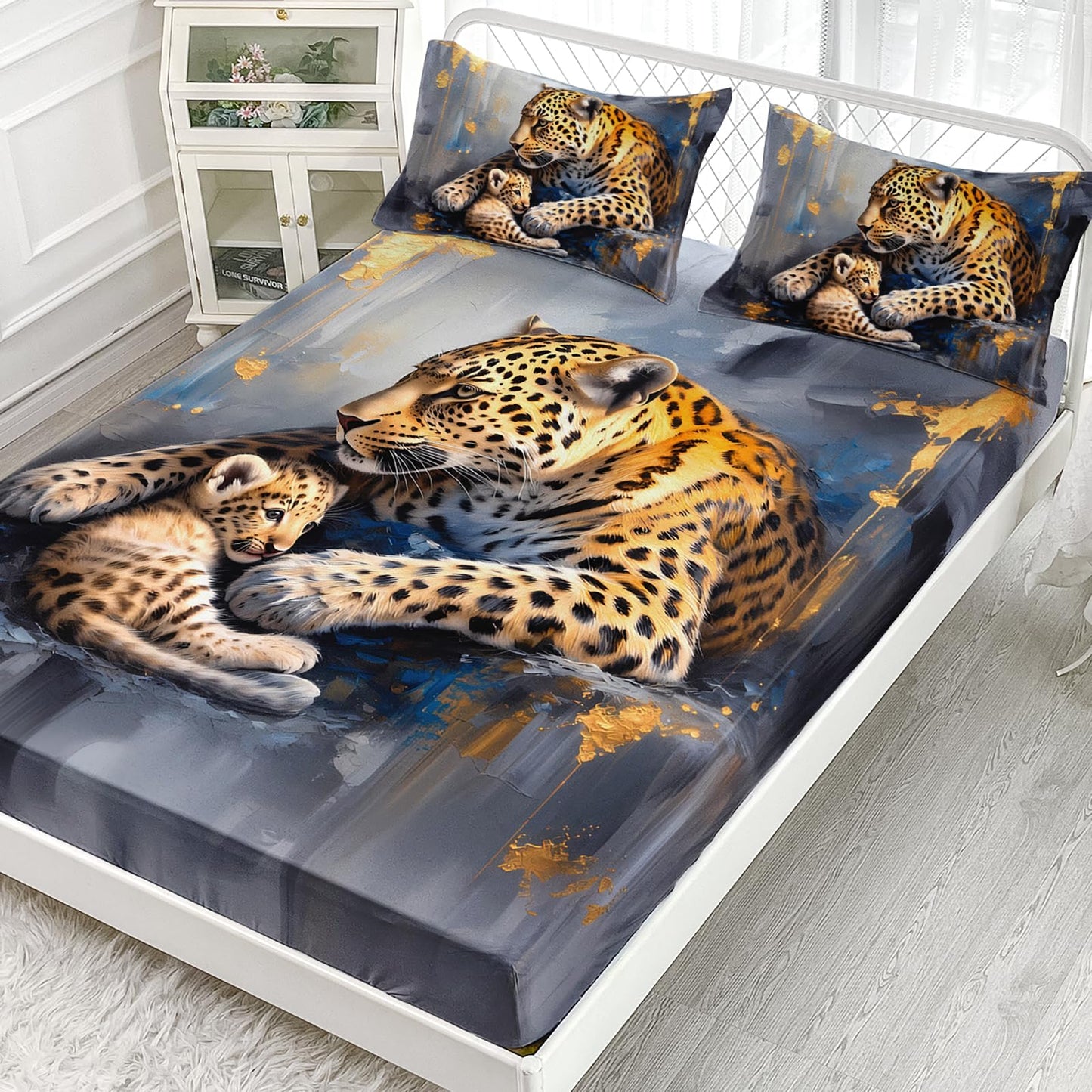 AILONEN Cheetah Family Fitted Sheet Set Queen Size,Wild Animal Themed Leopard Print Bedding Set for Boys Girls,3D Cheetahs Deep Pocket Sheets with 2 Pillowcases,3-Piece