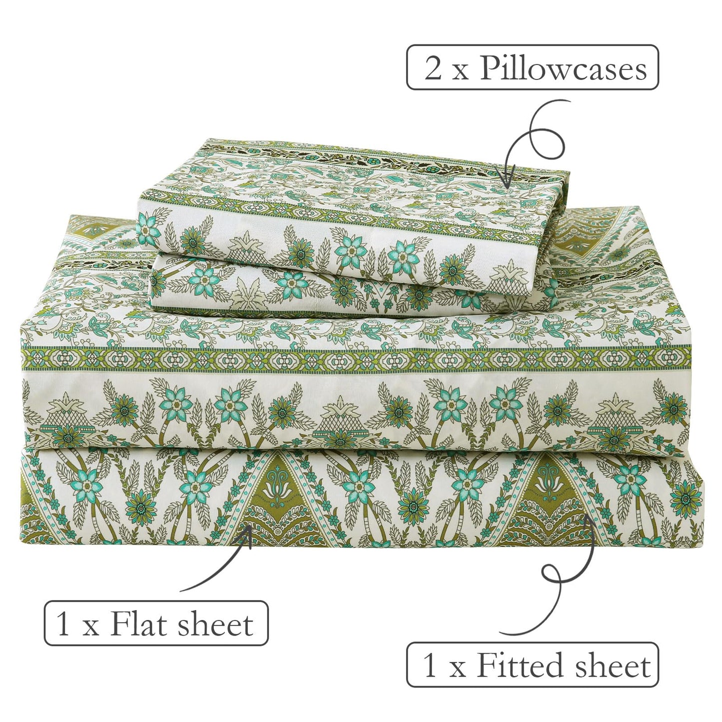 ChicView King Size Paisley Printed Sheet Set,4 Pieces Boho Style Breathable Soft Microfiber Bedsheets, Anti Pilling Deep Pockets Easy Care Bed Sheets, Green