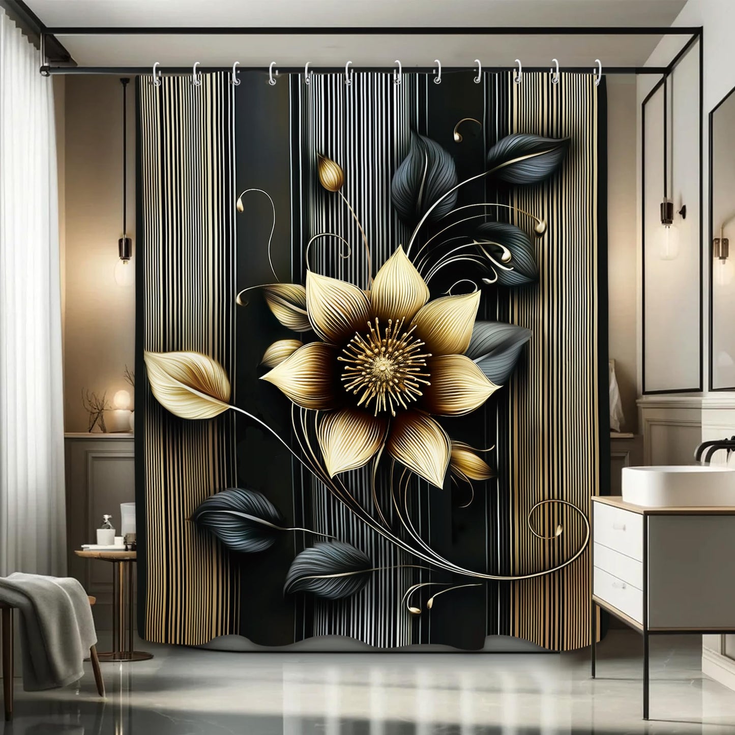 Glioown Black Golden Lotus Shower Curtain 60Wx71L, Flower Botanical Plant Shower Curtains for Bathroom Decor, Blossom Shower Curtain Set Home Decor 12 Pack Hooks