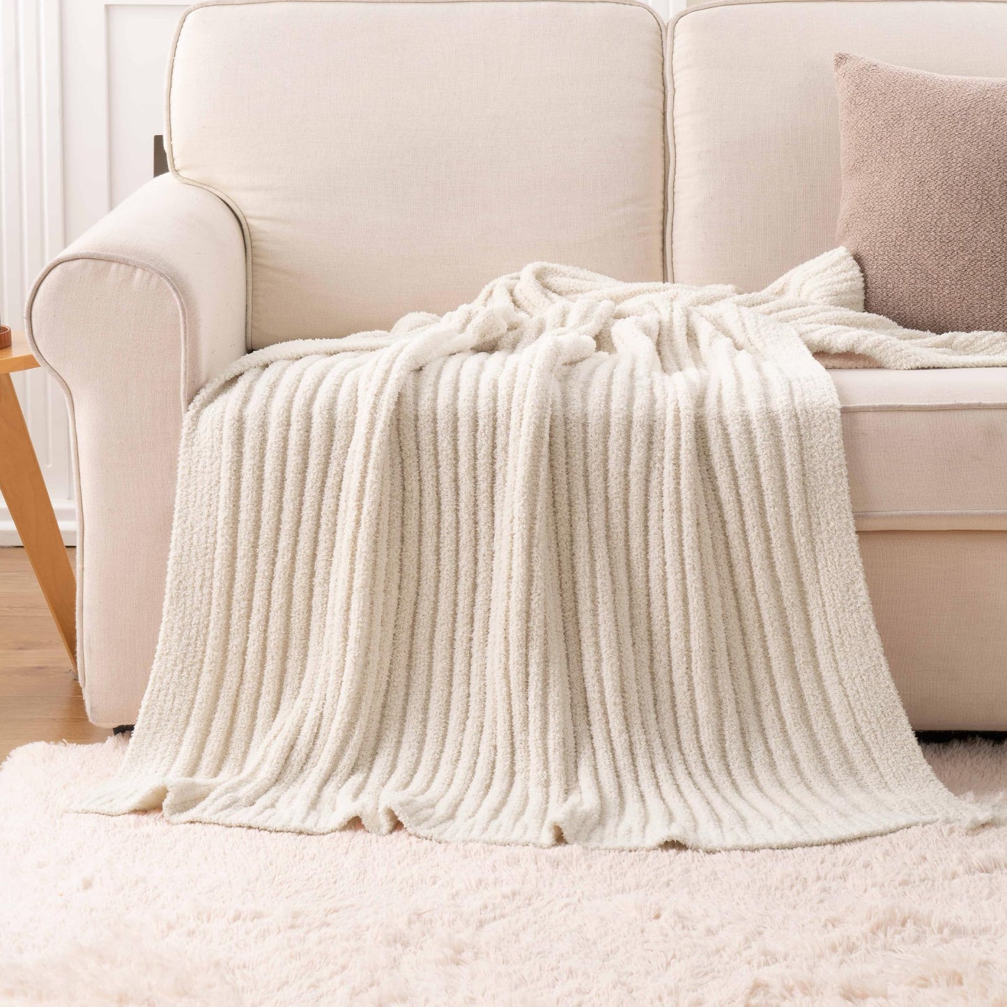 BATTILO White Throw Blanket for Couch, Knit Fuzzy Plush Cream Throw Blankets, Warm Cozy Lightweight Blanket for Bed, Sofa, Home Decor, 50"x60"