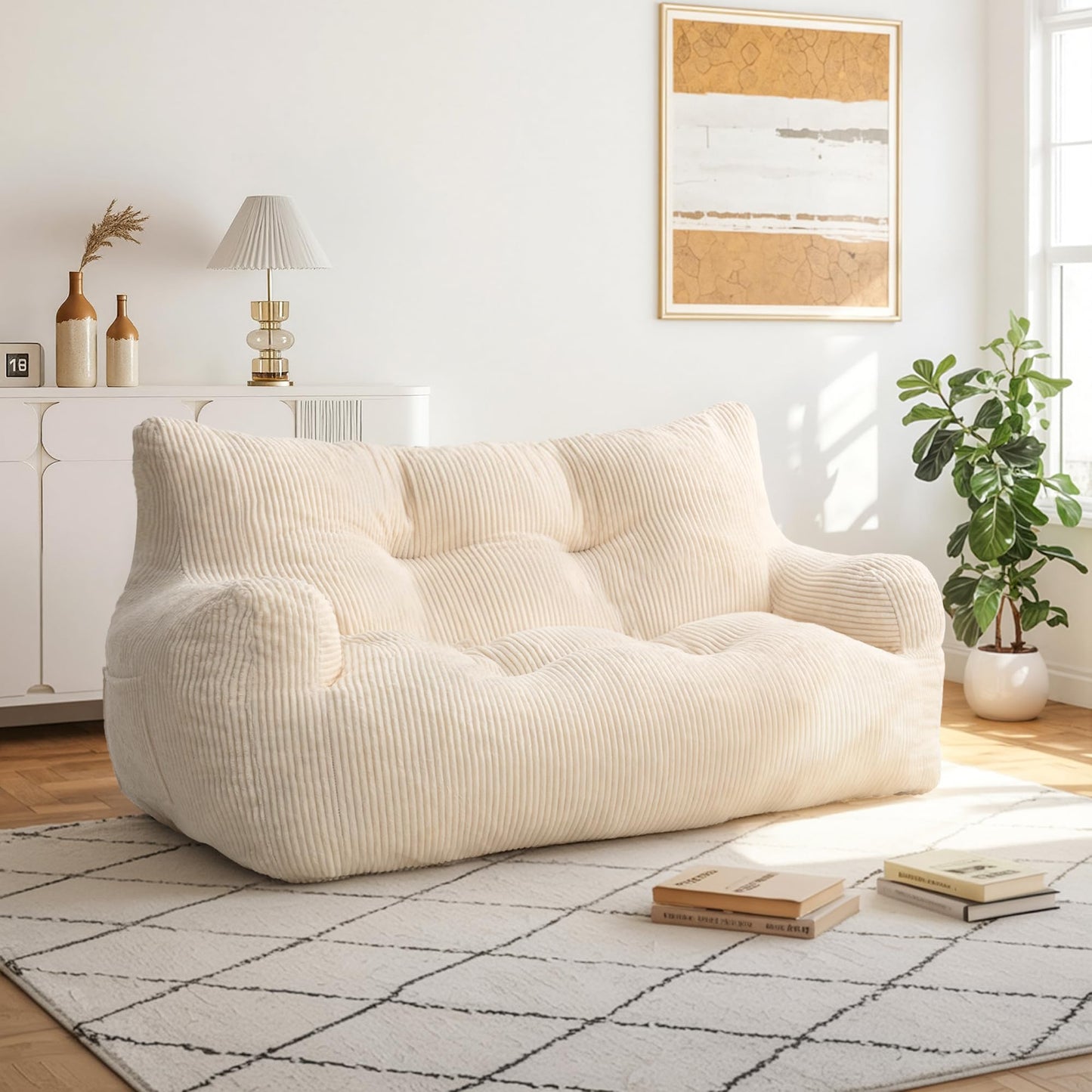 Fkhouse 59" Bean Bag Chair,2 Seat Loveseat Sofa,Corduroy Lazy Sofa Bed for Adults,Fit Living Room, Bedroom,Outdoor Spaces,Ultra Soft Dutch Velvet,Fluffy Comfort Cover,White