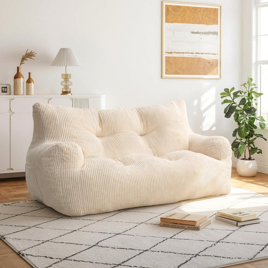 Fkhouse 59" Bean Bag Chair,2 Seat Loveseat Sofa,Corduroy Lazy Sofa Bed for Adults,Fit Living Room, Bedroom,Outdoor Spaces,Ultra Soft Dutch Velvet,Fluffy Comfort Cover,White