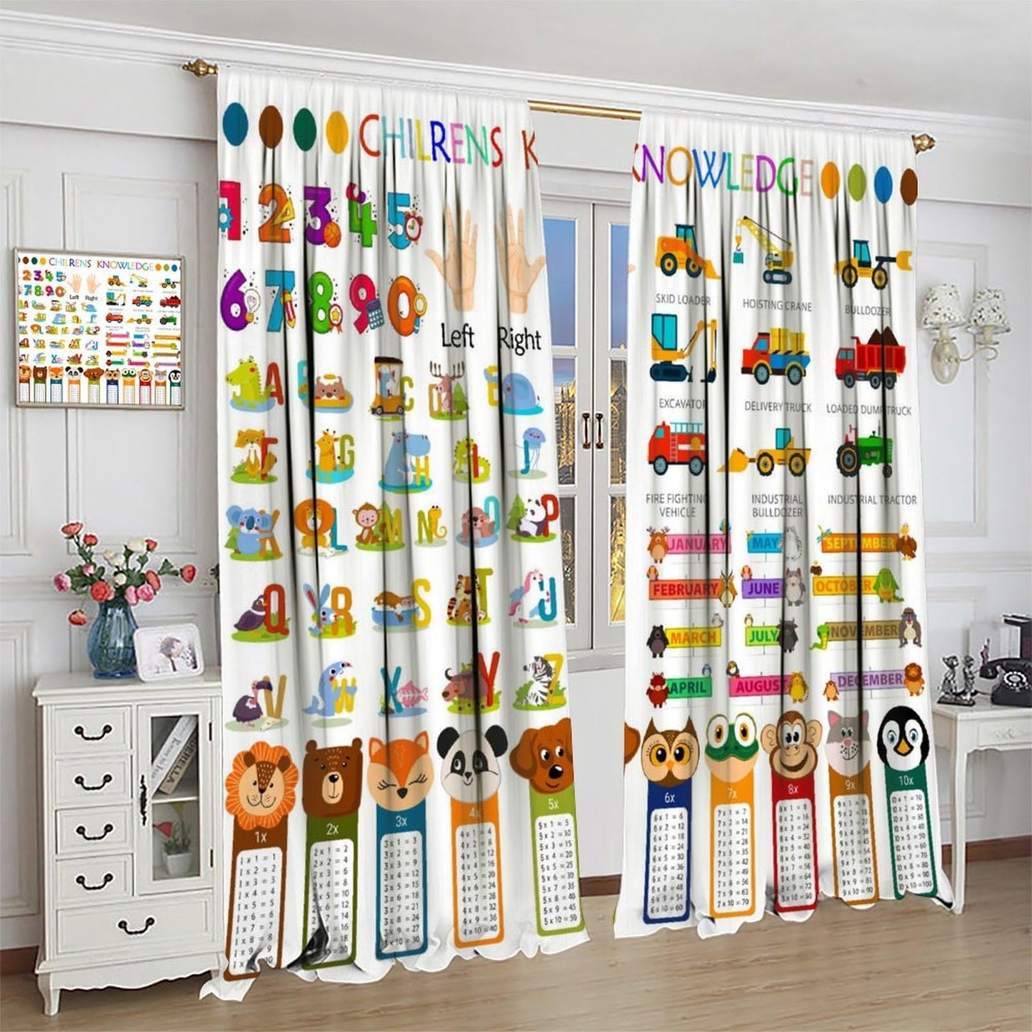 Alphabet Education ABC Curtains for Kids,Cartoon Early Childhood Enlightenment Children's Knowledge Numbers Multiplication Table Window Drapes for Boys Baby Nursery Bedroom 42x45in（No Blackout）