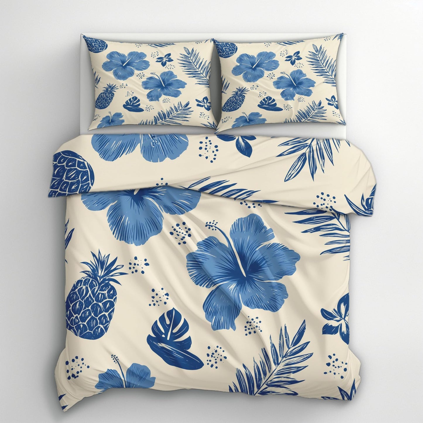 Tropical Floral Full Duvet Cover Set 3 Piece, Hawaiian Hibiscus Flower Reversible Bedding with 2 Pillow Shams, Zipper & Ties, Ultra Soft Microfiber, Floral Bedroom Decorations 49A-K
