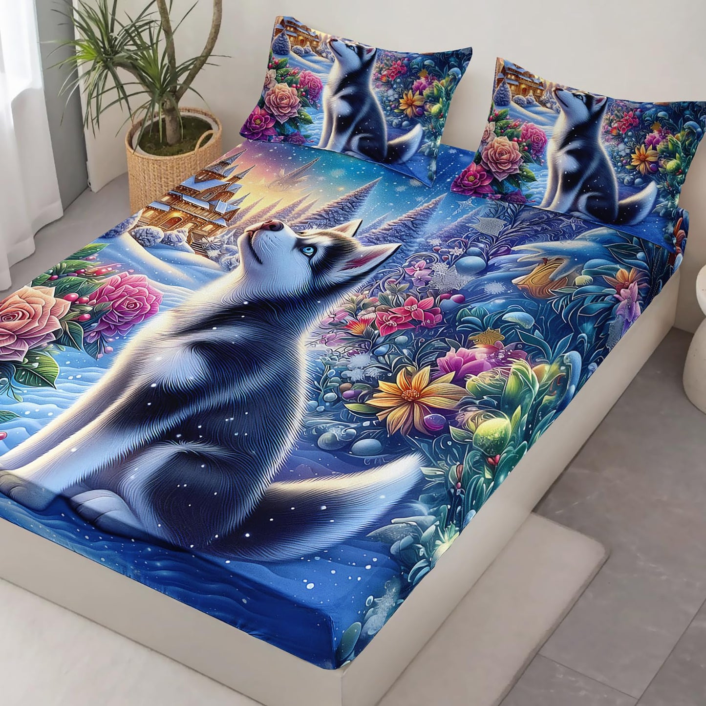 AILONEN Cute Husky Dog Twin Size Fitted Sheet Set - Kawaii Puppy Animal Bedding Bet for Kids Boys Girls - Floral Snow Bed Sheet + 2 Pillowcases - 3Pcs