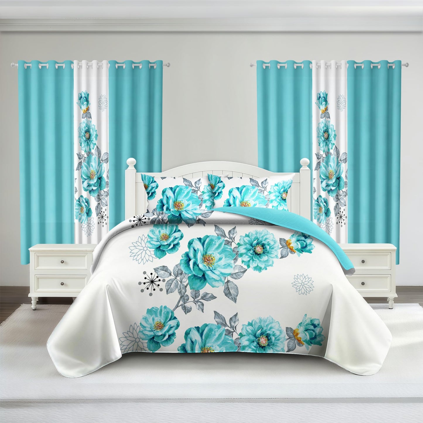 Deepsleep Queen Bedspread Set 9 Pieces, All Season Luxury Bed in a Bag for Bedroom, with 2 Pillowcases and 6 Curtains, Ultra-Soft Microfiber for Complete Bedroom Decor,Queen Size Sapphire Flower