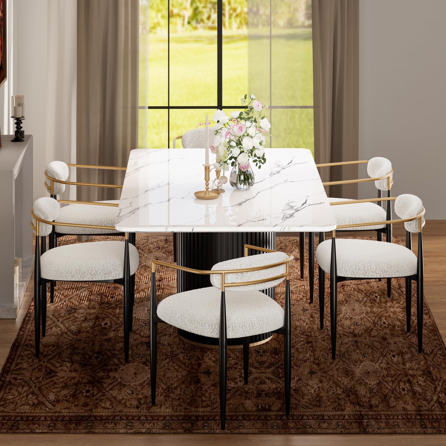 Morden Fort Modern Dining Chairs Set of 2, Cream Boucle Dining Chairs with Upholstered Cushions and Gold Arms for Kitchen, Living Room and Apartment