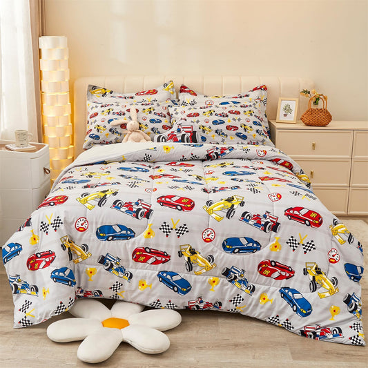 Mooreeke Twin Size Comforter Sets for Boys Kids, 6 Pieces Bed in a Bag Racing Car Bedding Comforter Sheet Set with Shams and Decorative Toy Pillow, Ultral Soft Microfiber Kids Bed Set