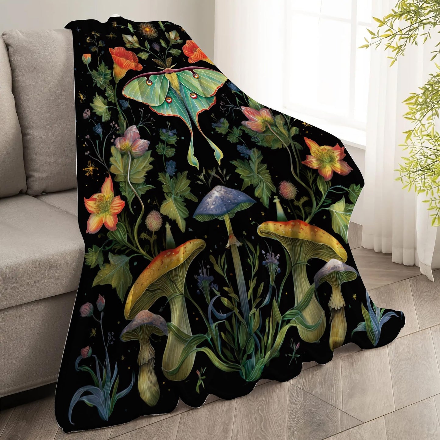 Yookeb Moth Gothic Flower Throw Blanket Butterfly Goth Mysterious Plant Botanical Witchy Soft Warm Gift Flannel Blanket for Couch Sofa Chair Bed or Dorm, 50 x 60 Inch