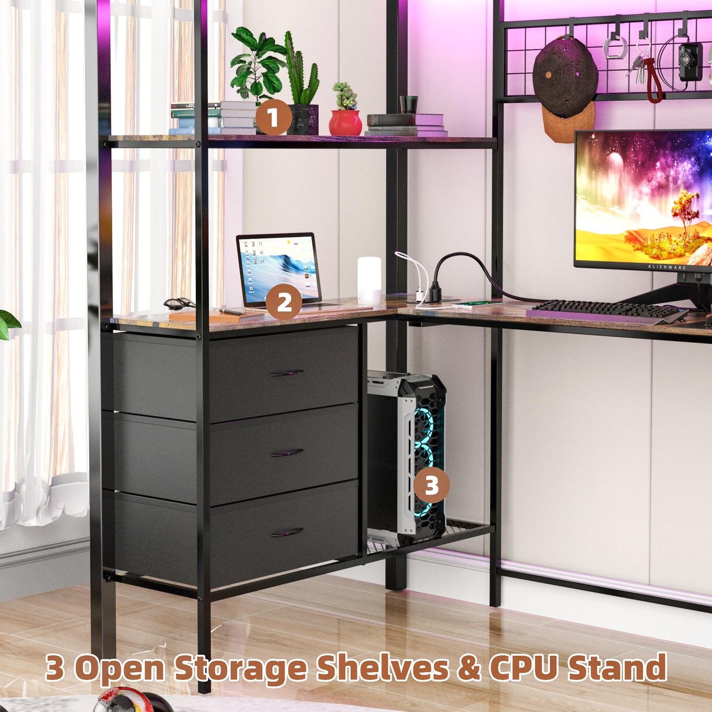 Godchoices Twin Size Loft Bed with L-Shaped Desk and 8 Storage Drawers, Metal Bunk Bed Frame with LED Lights,Power Outlet and 3 Storage Shelves,Twin Loft Bed with Safety Guardrail & Ladder (Black)