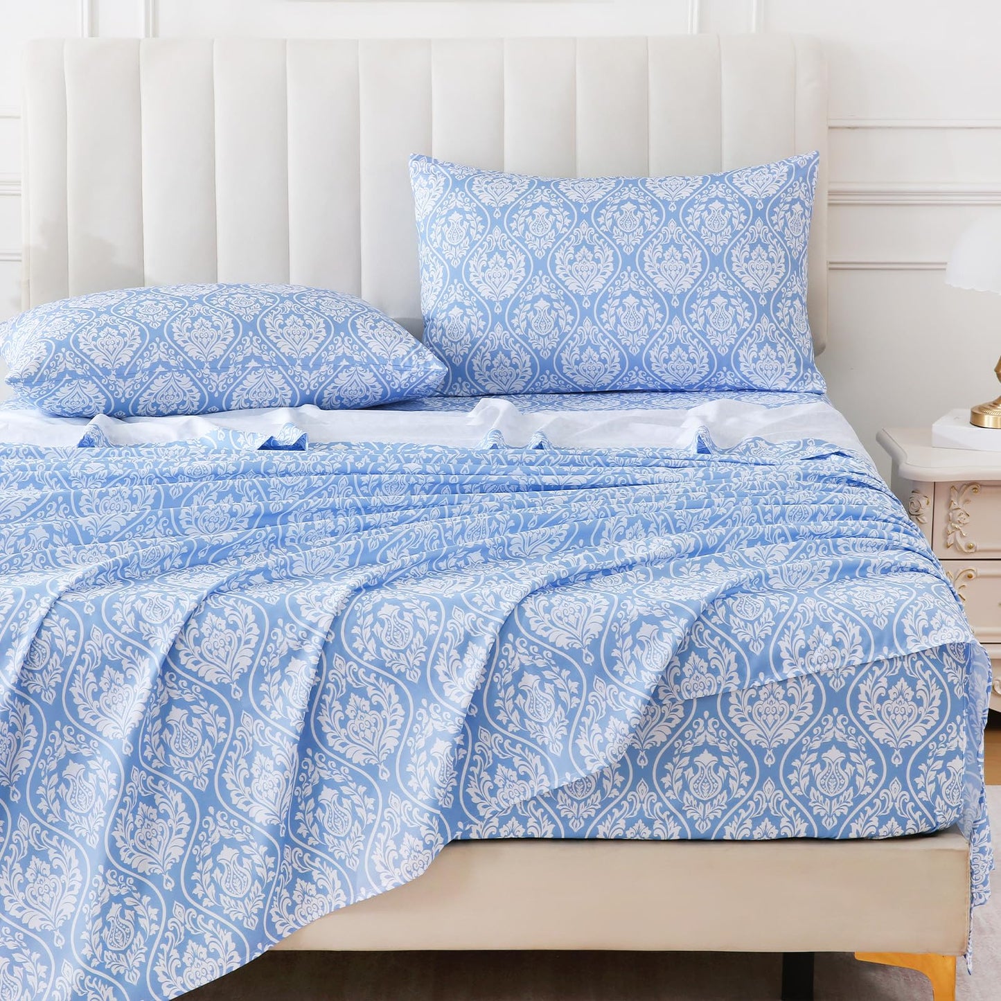 ChicView Queen Size Paisley Printed Sheet Set,4 Pieces Boho Style Breathable Soft Microfiber Bedsheets, Anti Pilling Deep Pockets Easy Care Bed Sheets, White Blue