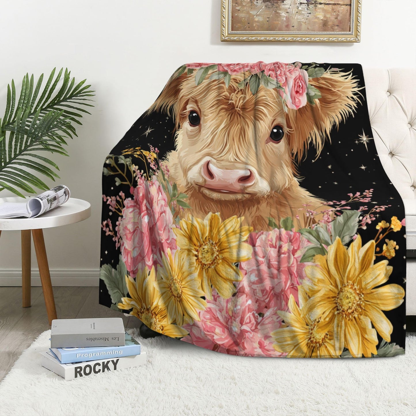Highland Cow Throw Blanket Soft Warm Cozy Flower Cows Floral Blankets Fuzzy Plush Fleece Highland Cow Blanket Gifts for Couch Bed Sofa Home Decor 40''X50''