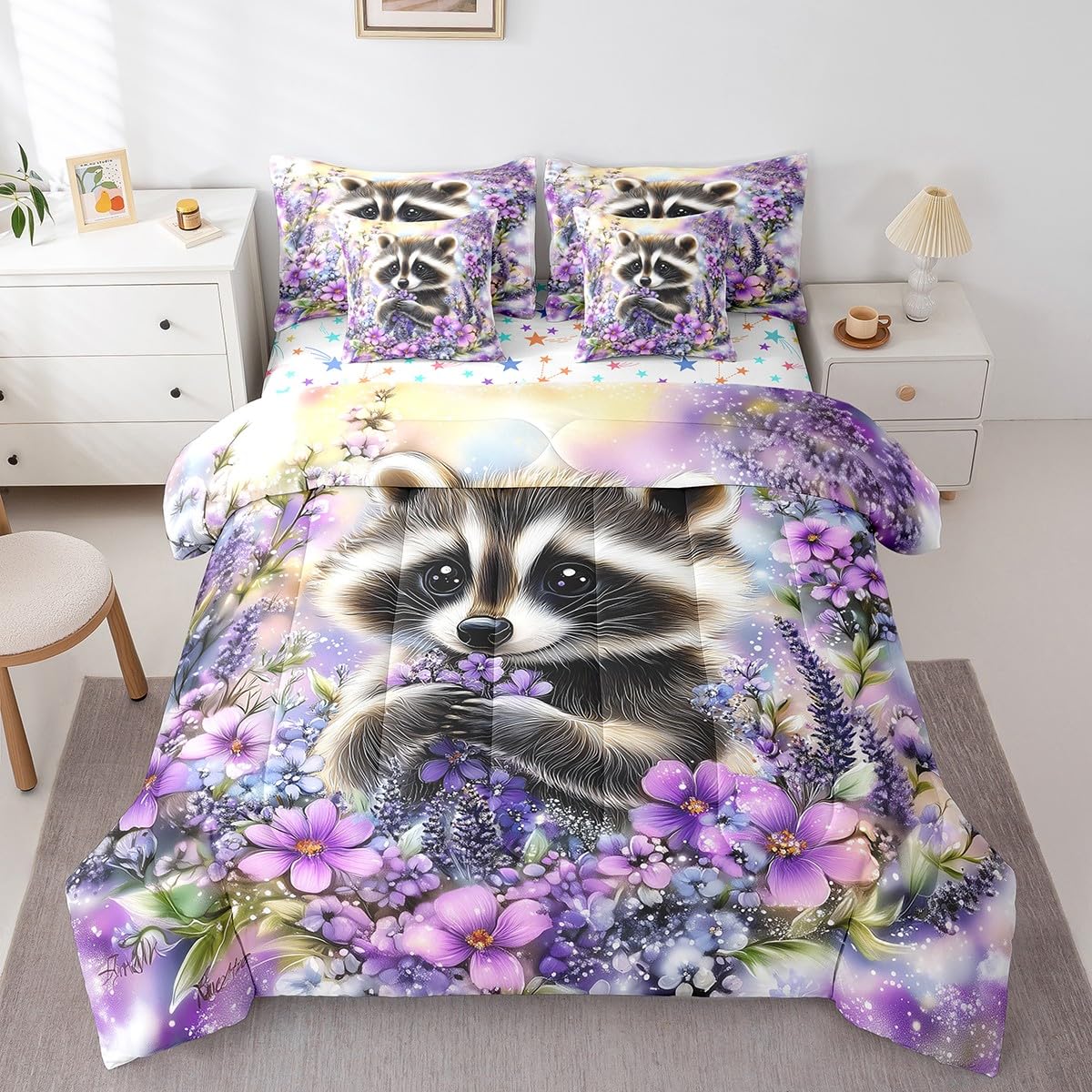 Feelyou Kids Raccoon Comforter Set with Sheets Queen Size, Cute Animal 7 Pieces Bedding Set Boys Girls Wild Animal Bed in A Bag Floral Flower Teens Bed Set Bedroom Decor 7Pcs