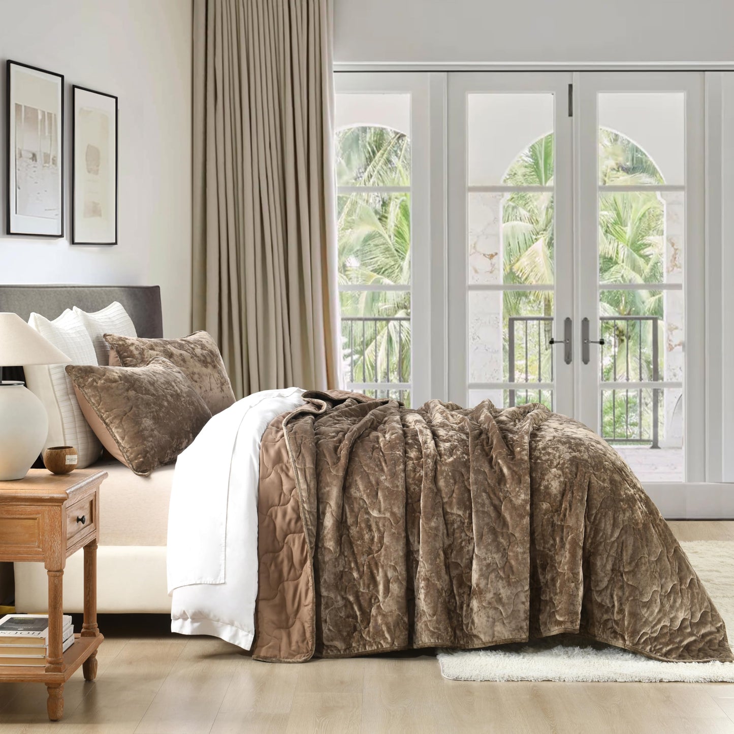 Homzard Luxury Velvet Quilt Set Queen Size Bedding, Mocha Brown Comforter Set, Ultra-Soft Striped Channel Stitch All Season Comforter, Thermal Bedspread Coverlet with 2 Pillow Shams