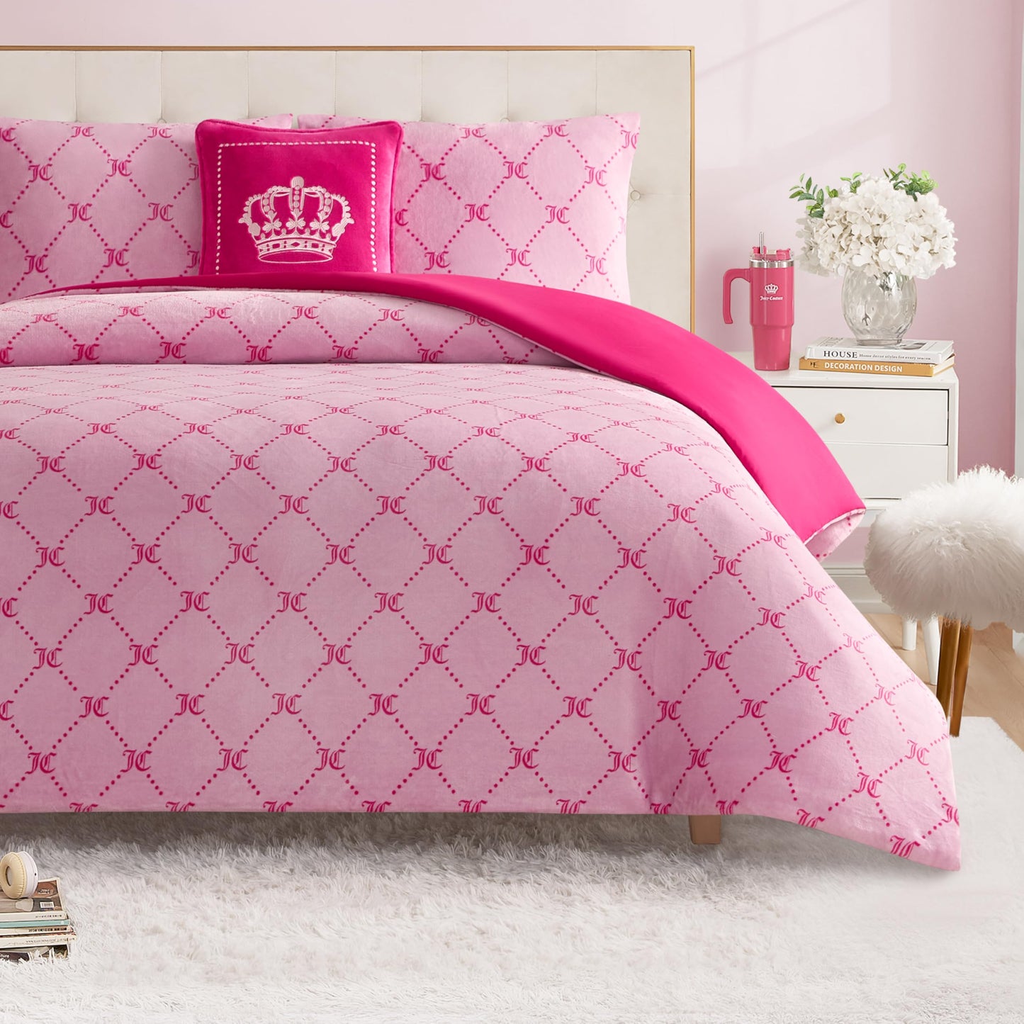 Juicy Couture Plush Reversible Trellis Link 3-Piece Twin/Twin XL Comforter Set with Decorative Pillow, Pink