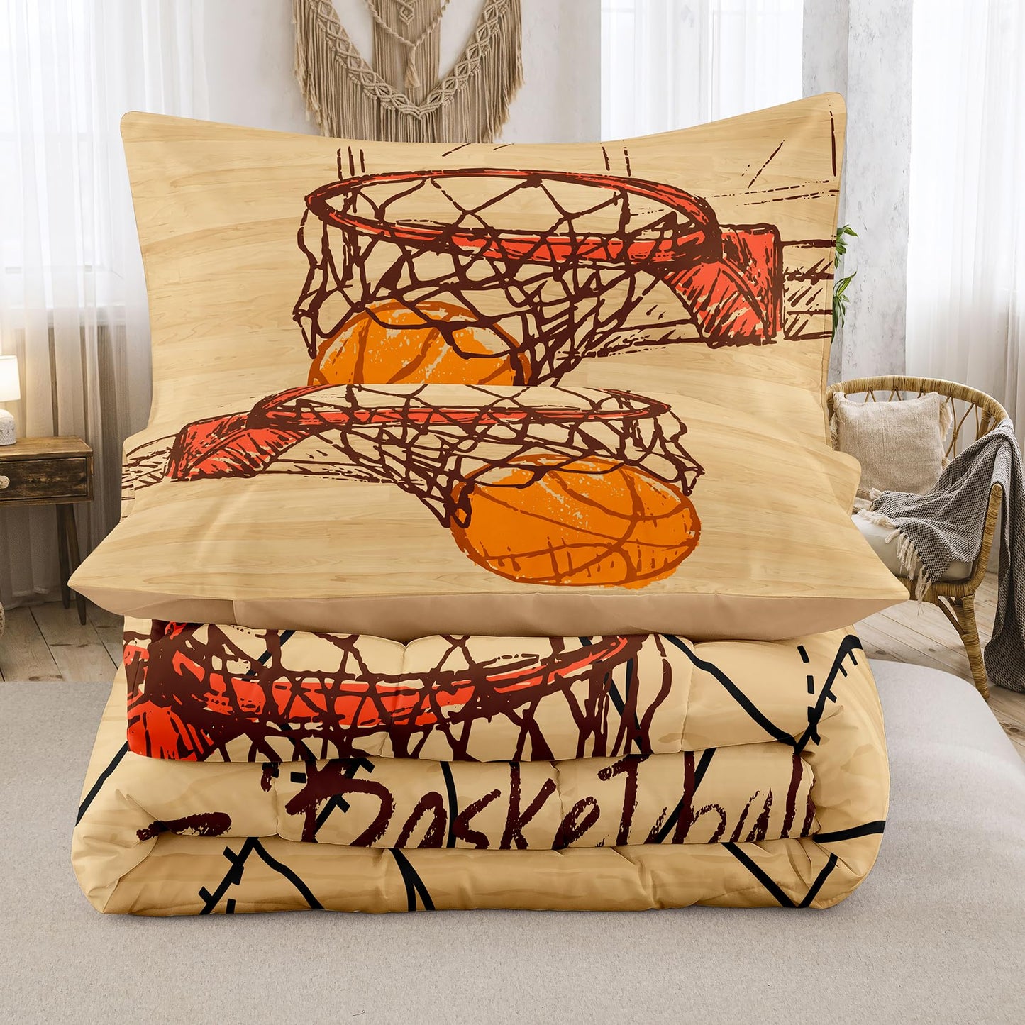 Peopleareok Basketball Comforter Set Twin (68x86 Inch), 3D Printed Basketball Theme Comforter, 2 Pieces Soft Microfiber Bedding Set for Boys Kids with 1 Pillowcase