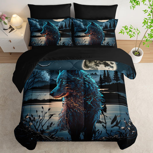 AILONEN Wolf Comforter Set Twin Size,7Pcs Soft Kids Boys Bed in a Bag,Moon Black Wolf Bedding Print Comforter & Fitted Sheet & Flat Sheet & 2 Pillowcases,2 Pillow Shams for Room Decor