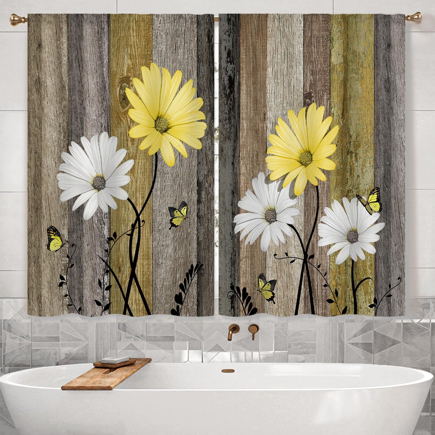 Cizuug Farmhous Yellow Daisy Kitchen Curtains Wooden Flower Small Short Cafe Window Curtains Rustic Floral Butterfly Country Barn Bathroom Drapes Treatment Tier Curtains 2 Panels