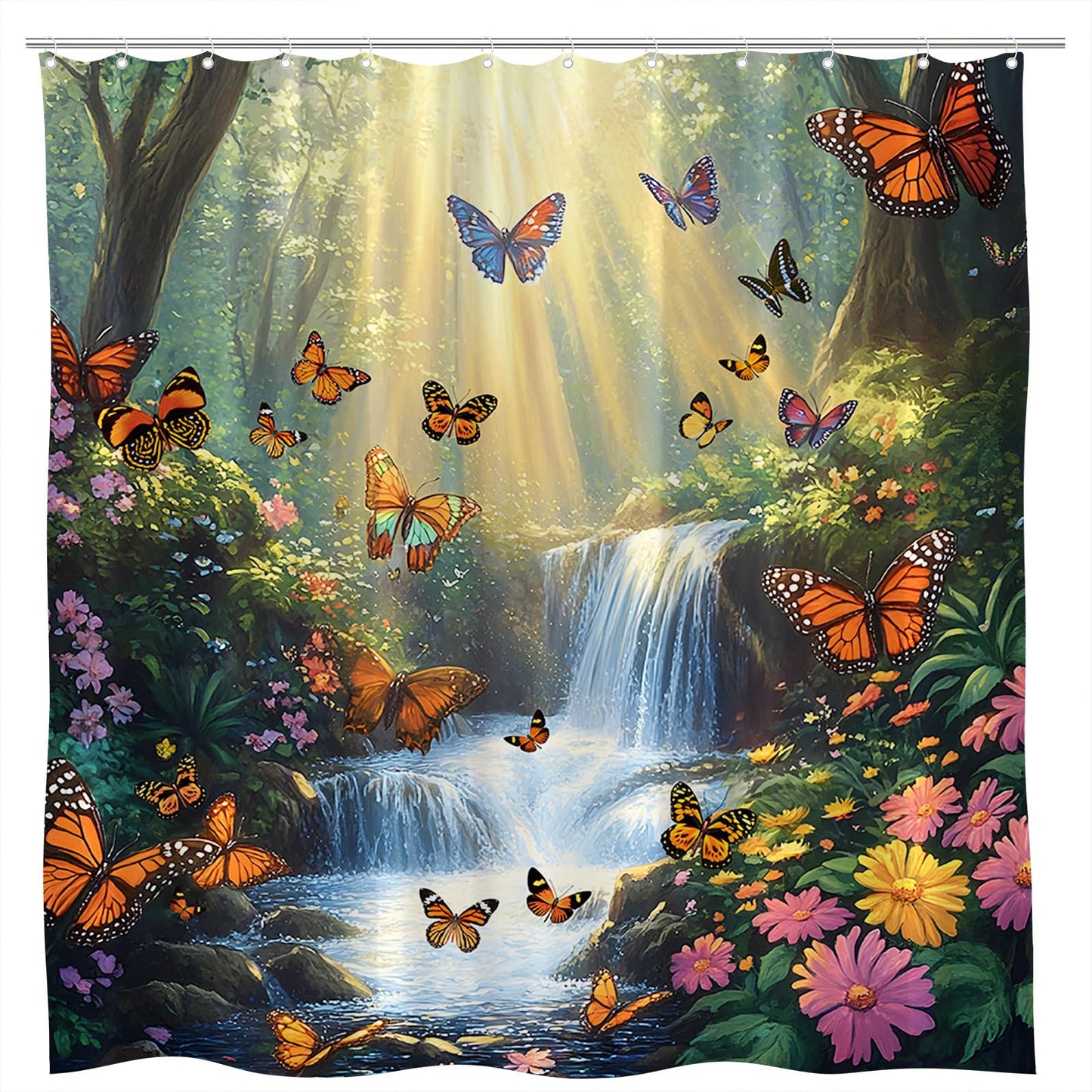 Forest Waterfall Shower Curtain Butterfly Spring Jungle Rainforest Wonderland Fantasy Tropical Fairy Tale World Flower Romantic Nature Bathroom Curtains Set Polyester Fabric with Hooks 70" W x 70" L
