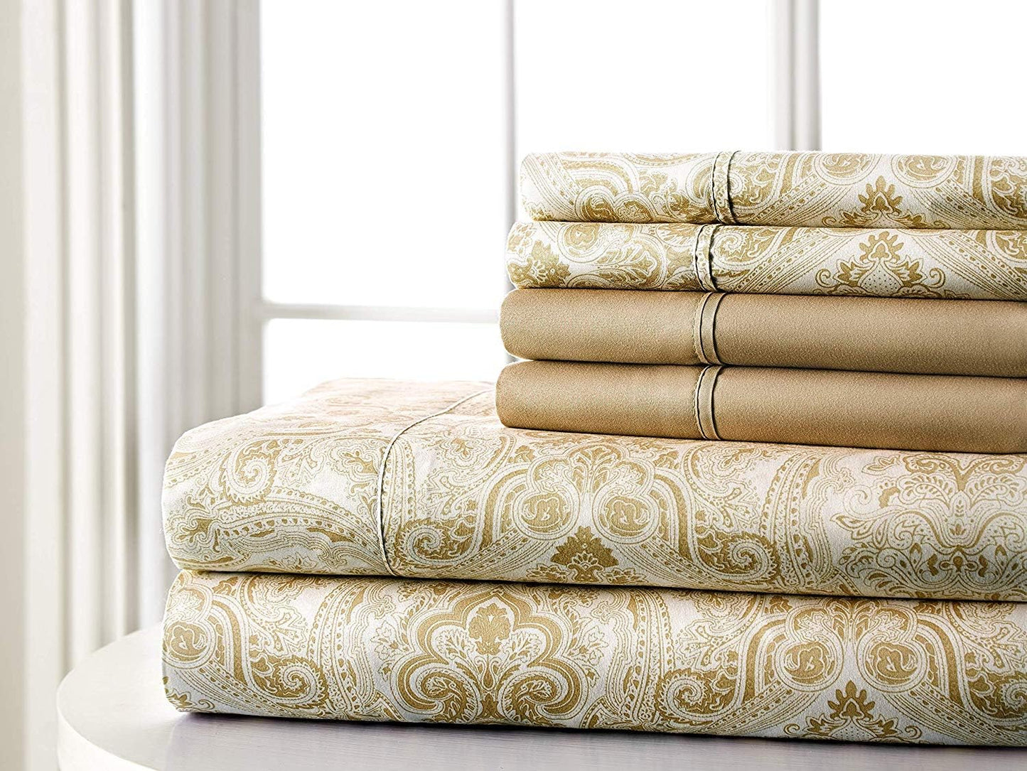 Spirit Linen home 6-Piece King Size Bed Sheet Set - Deep Pocket, Paisley Pattern, Soft and Breathable Bed Sheets, Microfiber Material, Includes 1 Fitted, 1 Flat, 4 Pillowcases - Taupe Paisley Design
