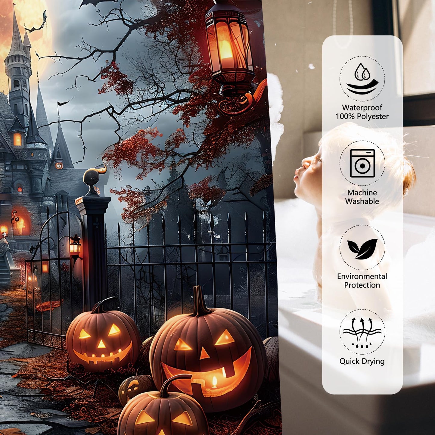 MEHOFOND Halloween Shower Curtain Scary Haunted House Evil Pumpkin Shower Curtains for Bathroom Scary Castle Horror Pumpkin Lantern Spooky Full Moon Night Gothic Dead Tree Bathroom Decor 72Wx72H Inch