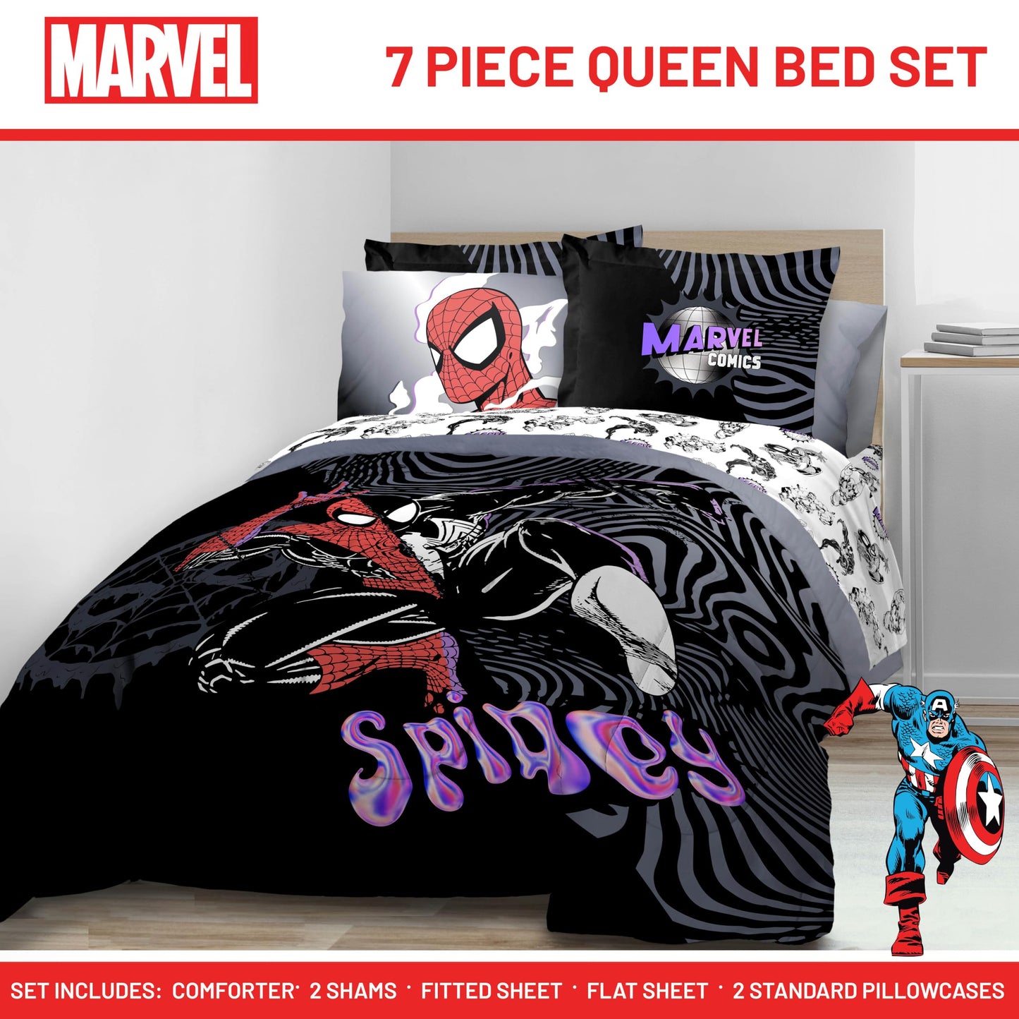 Jay Franco Kids Comforter Set Includes Sheets and Pillow Covers - Soft and Cozy Bed Set for Stylish Room Decor, Black - Marvel Comics, 7 Piece Queen Size Bedding