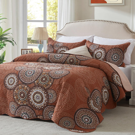 LEAONME 3-Piece Full Queen Size Burnt Orange Rust Quilt Set Lightweight Oversized Bedspread 90''x98'' Soft Microfiber Floral Coverlet Luxurious Warm Bed Cover for All Seasons (1 Quilt, 2 Pillow Shams)