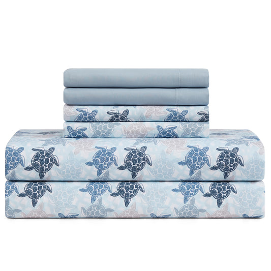 Caribbean Joe 6-Piece Sheet Set with Cooling Pillowcases, 12-inch Deep Pockets, Tropical Beach Coastal Design, Queen, Fanta Sea Blue