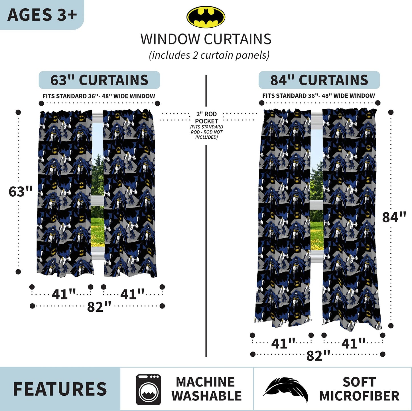 Franco Kids Room Window Curtains Drapes Set, 82 in x 63 in, Batman