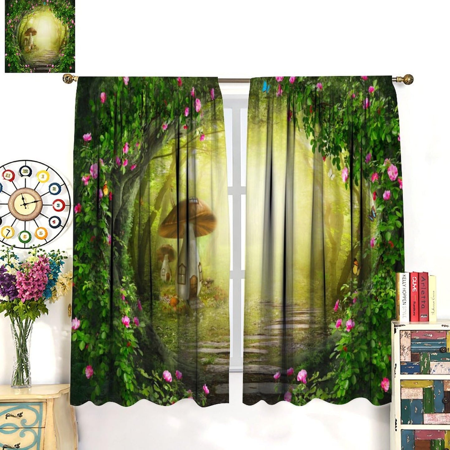 Enchanted Woodland Curtain, Fantasy Fairy Tale Butterfly Tree Mushroom Jungle Rainforest Nature Scenery Window Drapes for Kids Bedroom Living Room 42" W X 45" L(30% Blackout)