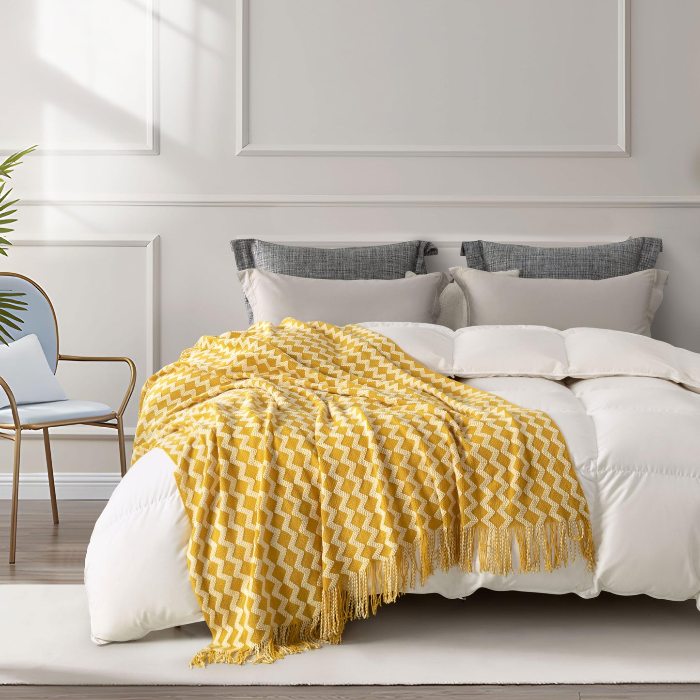Counfeisly Double Diamond Acrylic Knitted Throw Blanket, Lightweight and Soft Cozy Decorative Woven Blanket with Tassels for Couch, Bed, Sofa, Travel, 50 x 60 Inches, Yellow