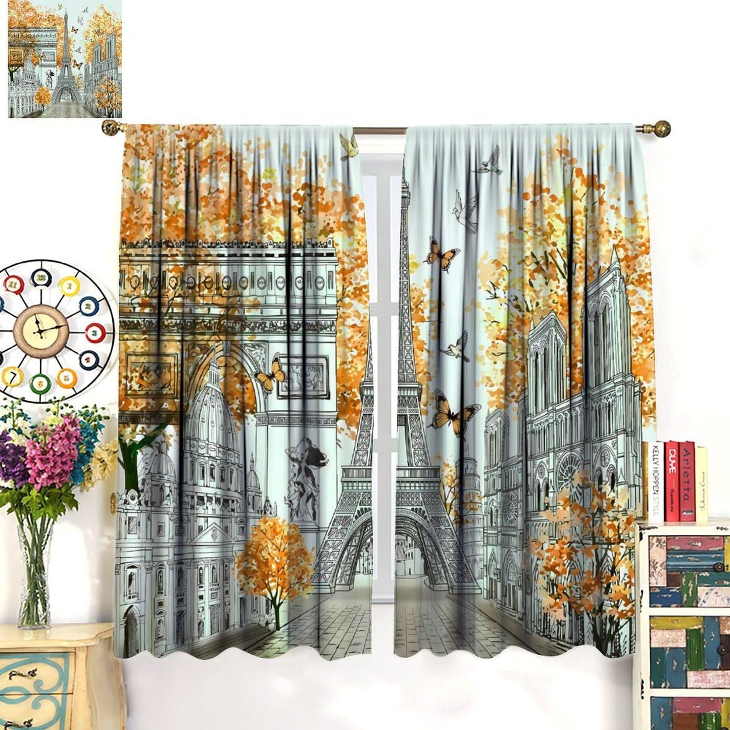 TYVGICZ Yellow Paris Curtains, Landscape Architecture City Scenery Eiffel Tower Landmark Famous Cityscape Romantic Window Treatments for Girls Living Room Kitchen Bathroom 2 Panel, 42x45 Inch