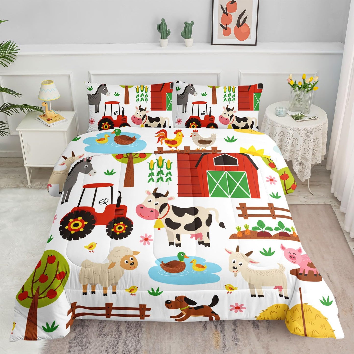 Smell Sunshine Kids Comforter Set Farm Theme Printed Pattern Bedding Set with 1 Comforter and 2 Pillowcases for Girls Boys Bedroom All Season(Farm Theme01 Twin)