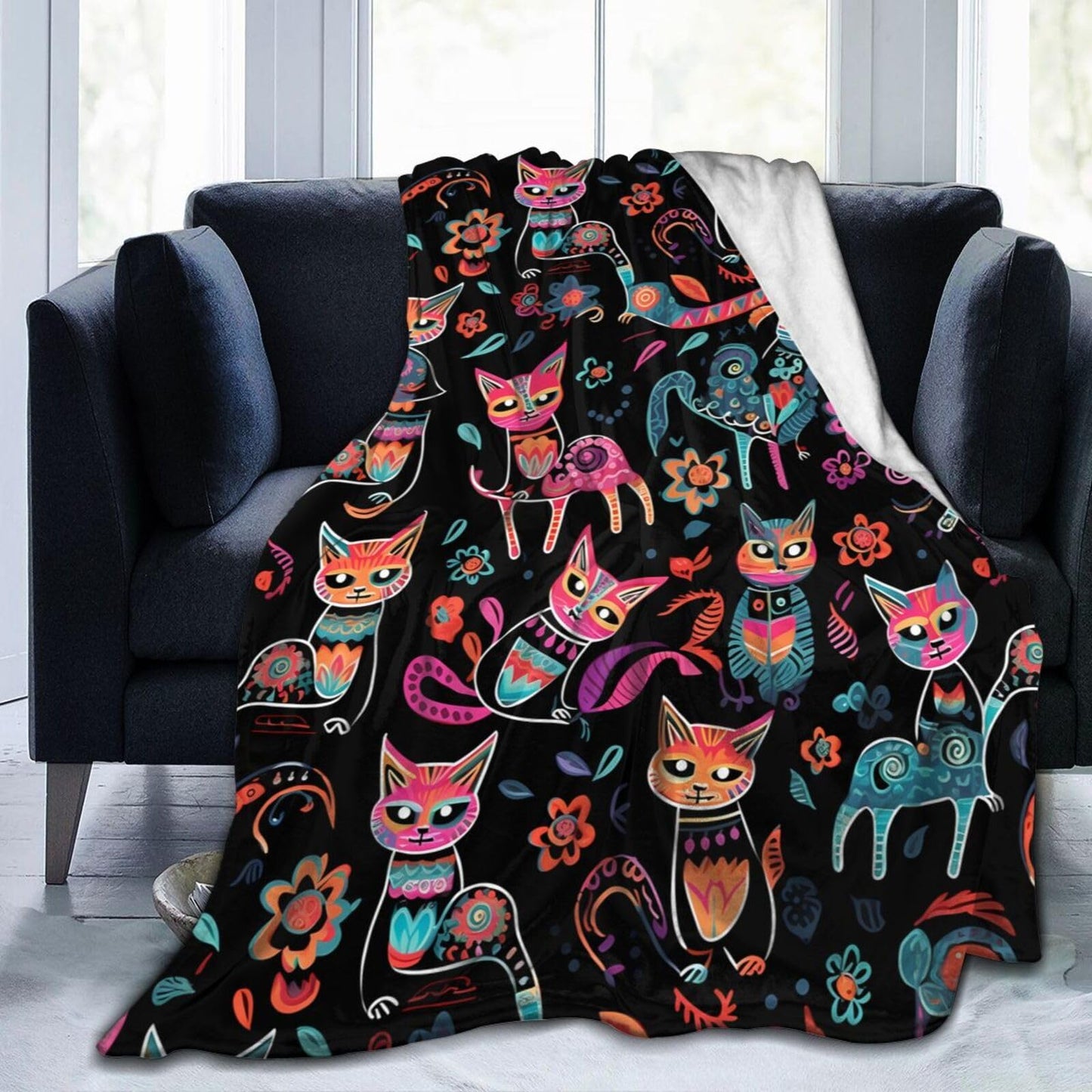 Ouqiuwa Dead Cats Floral Throw Blanket Sugar Skull Flowers Plush Microfiber Flannel Fleece Blanket 50"x40" for Bed Sofa Couch Camping Travel