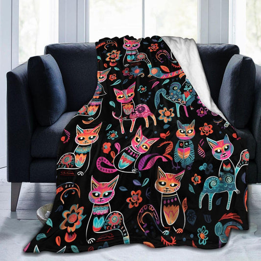 Ouqiuwa Dead Cats Floral Throw Blanket Sugar Skull Flowers Plush Microfiber Flannel Fleece Blanket 50"x40" for Bed Sofa Couch Camping Travel