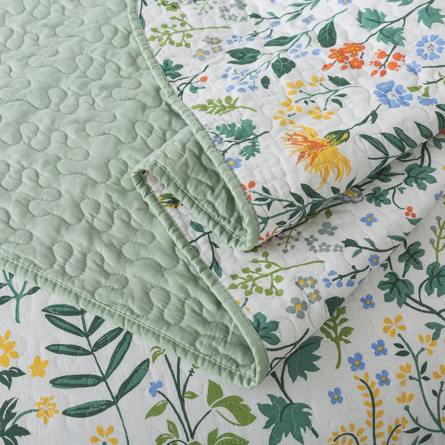NEWLAKE Cotton Bedspread Quilt Sets-Reversible Patchwork Coverlet Set, Green Classic Floral Pattern, Queen Size
