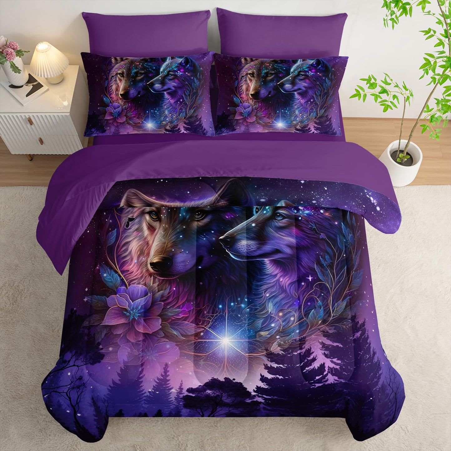 Tuzaovy Wolf Comforter Set 7 Piece Twin Size Bed in A Bag,Animal Bedding for Room Decor,Soft Purple Wolf Comforter Rose Bedding with Fitted Sheet,Flat Sheet, Pillowcases & Shams