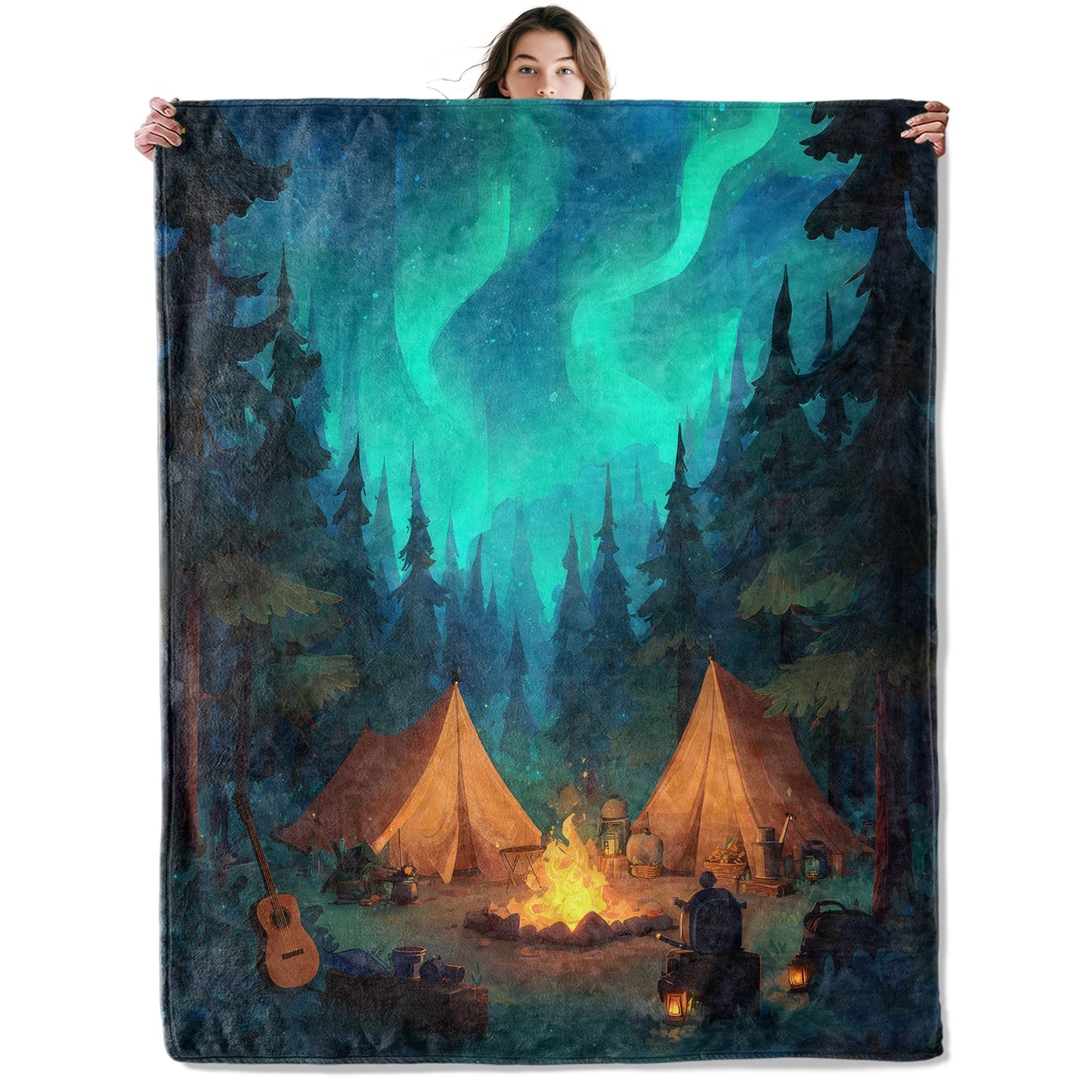 SOMEKLLY Camping Throw Blanket Soft Cozy Lightweight Flannel Blankets with Night Forest Campfire and Northern Light Art Printed for Outdoor Lovers Bedroom Dorm Office Home Decor Gifts 50x60 Inch