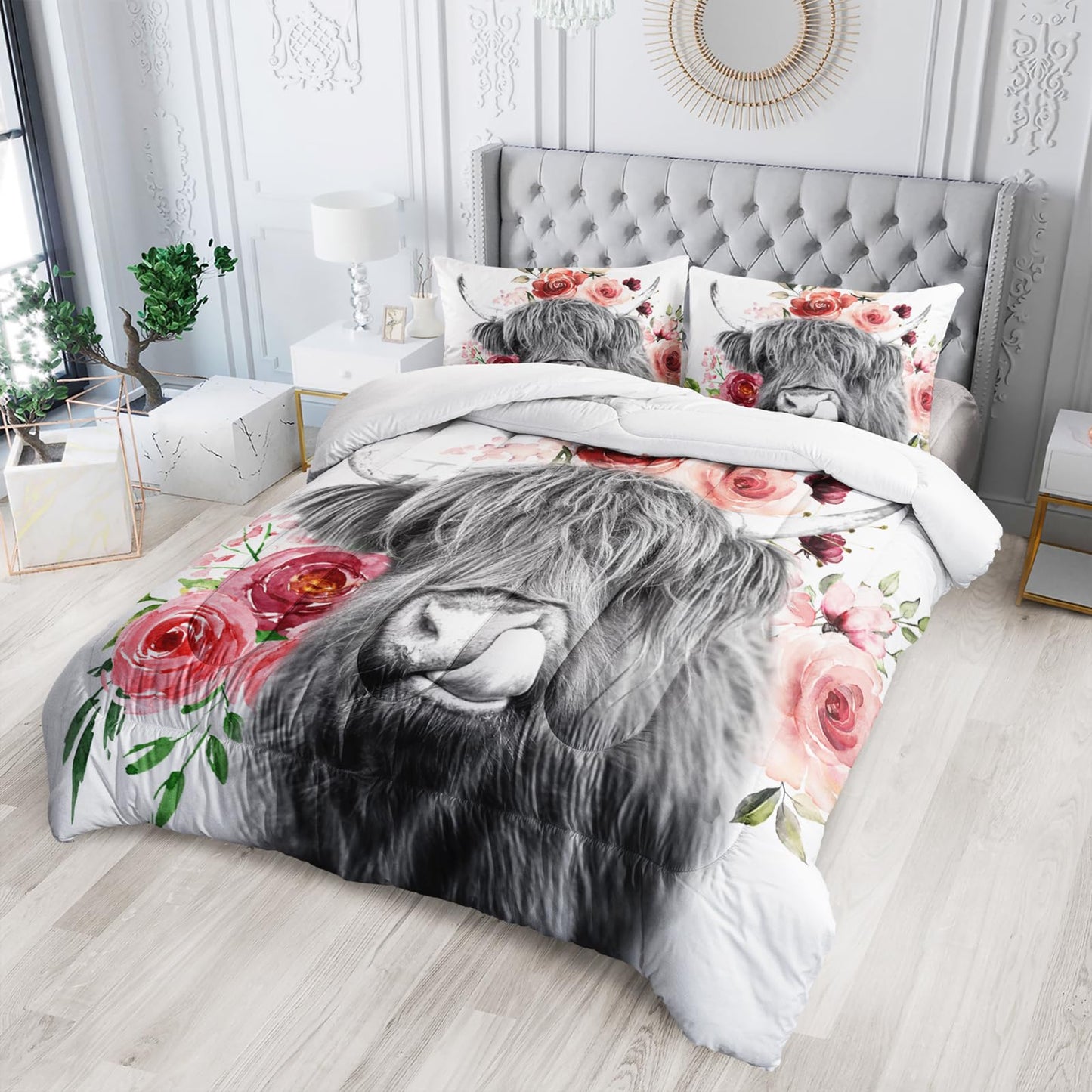 Nttopship Highland Cow Comforter Set - Twin Size, Kids' Wildlife Farmhouse Flower Comforter with 2 Pillowcases